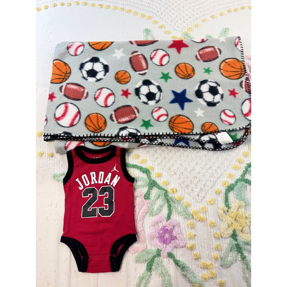 Jordan 23 Baby Bodysuit Red 6M and Mainstays Sports Fleece Blanket Set